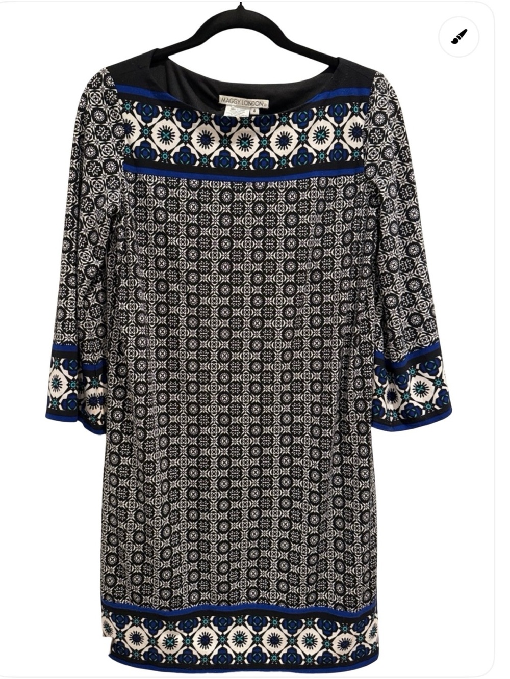 Maggy London Black, Blue & White Printed Midi Shift Dress